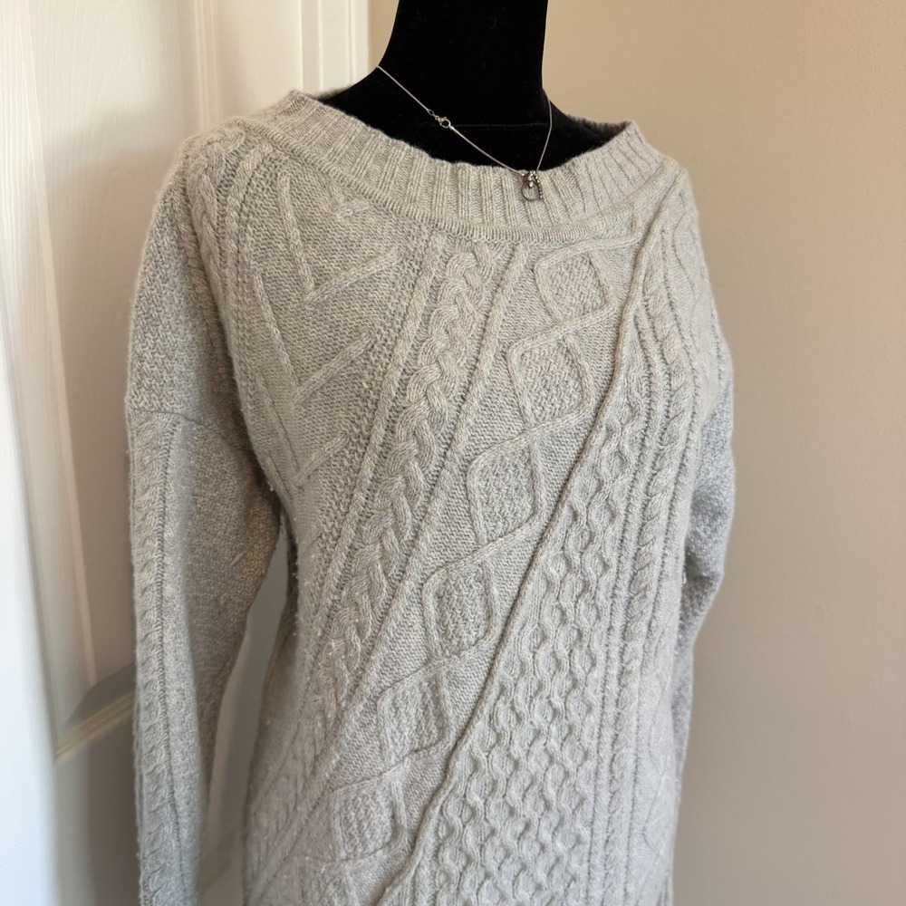 J. Crew Heather Grey Wool Blend Cableknit Tunic Sweater (M) Boatneck Cozy Cabin - Picture 2 of 7
